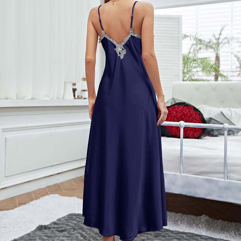 Summer comfortable simulated silk nightgown women's sexy suspender nightgown ice silk pajamas nightgown long skirt loungewear