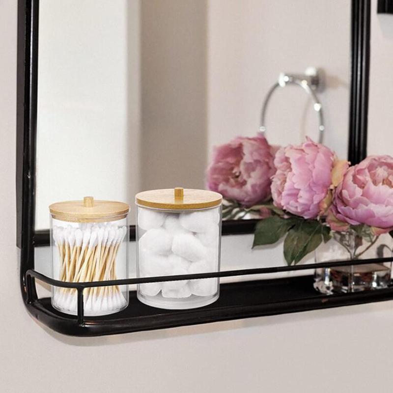 Akrylátová úložná krabička Koupelnová nádobka na make-up Organizér Bavlněný kulatý držák na podložku Krabička na vatové tampony Zásobník na Qtip s bambusovým víkem