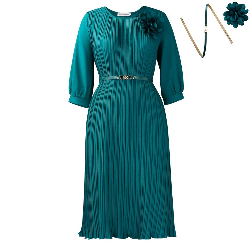 Women's new summer seven-quarter sleeve round neck solid color fashionable simple waist medium and long dress