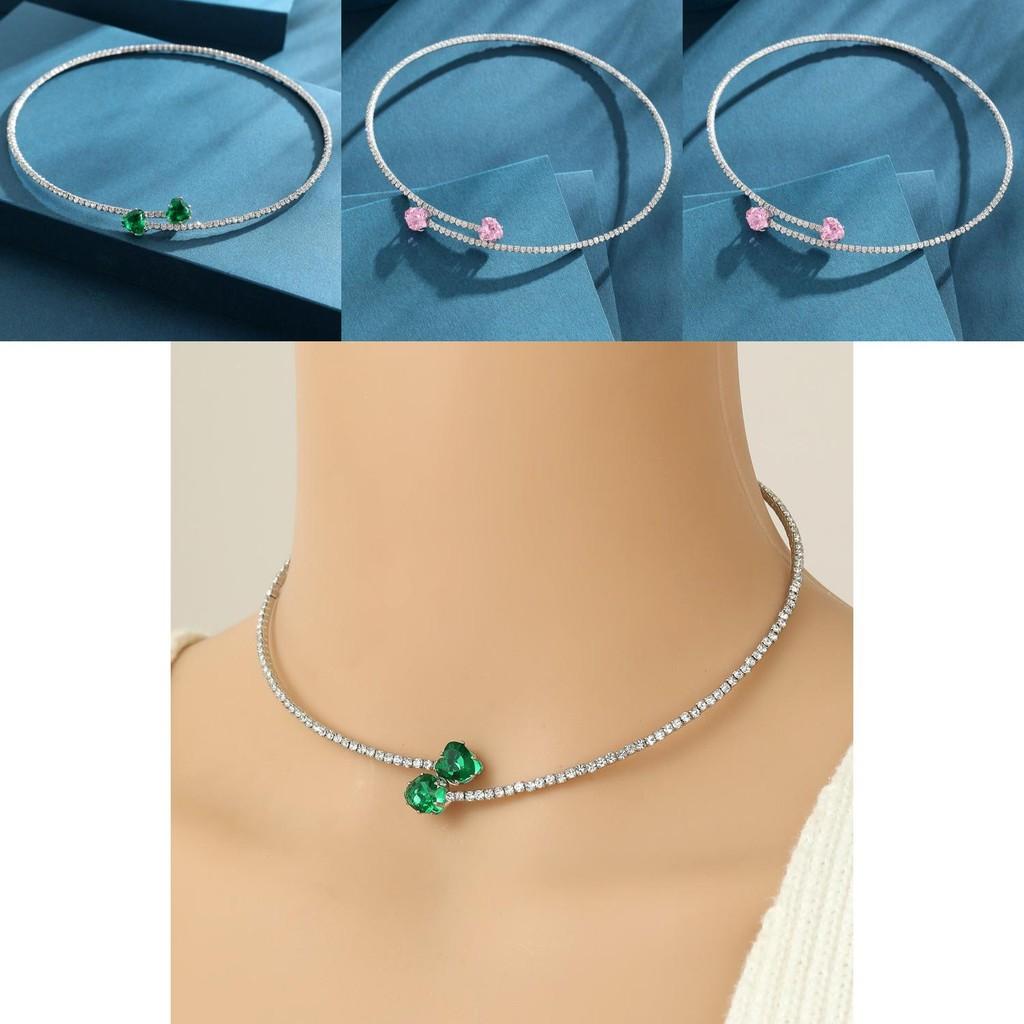 Elegant Double Layer Heart Shaped Zirconia Water Drop Necklace For Fashionable Women With Romantic Pink And Love Green Colors
