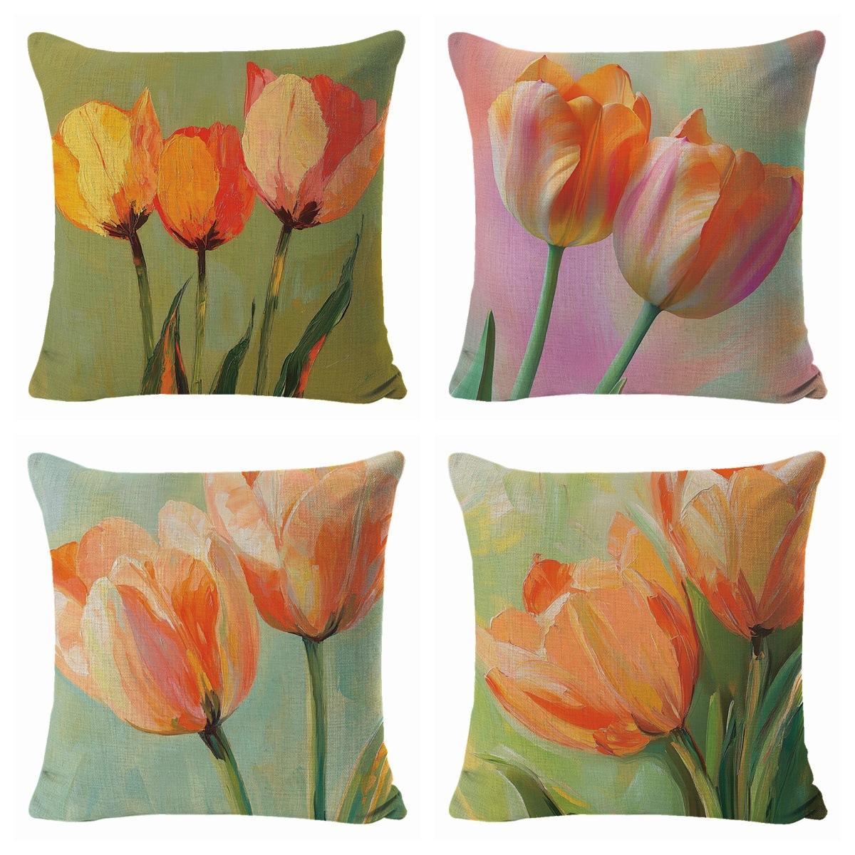 

New Spring Festive Flower Linen Cushion Cover JIT Pillow Set of Four with Label 45 * 45 throw pillow four-piece set