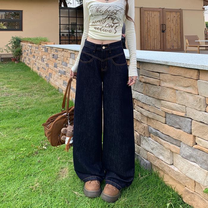 Women s High-Waist Dark Blue Denim Wide-Leg Jeans - Loose, Slimming, Straight, Floor-Length M