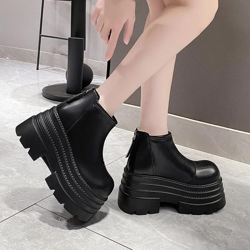 Fashion 10CM New Women Winter Chunky Ankle Snow Boots High Platform Fur Shoes Wedge Heels Plush Warm Short Boots Leather Chelsea Botas