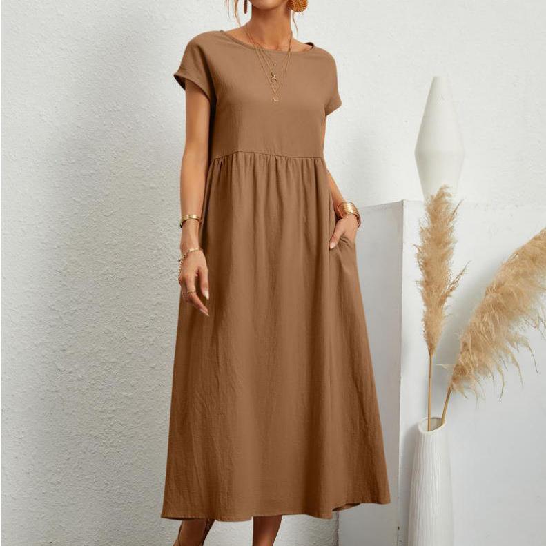 European and American Solid Color Sleeveless Loose Cotton and Linen Pocket Dress