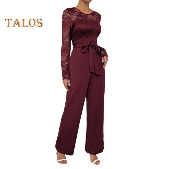 

Женский кружевной деловой комбинезон с длинными рукавами, широкими брюками и высокой талией, комбинезон с поясом, летний цельный комбинезон S вино красного