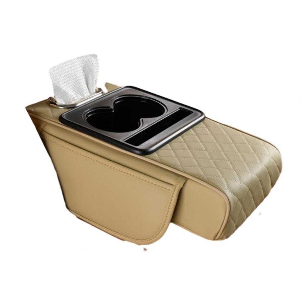 Car Armrest Box Faux Leather Armrest Organizer Mat Center Console Cover Side Pockets Cup Holder Center Console Storage Box