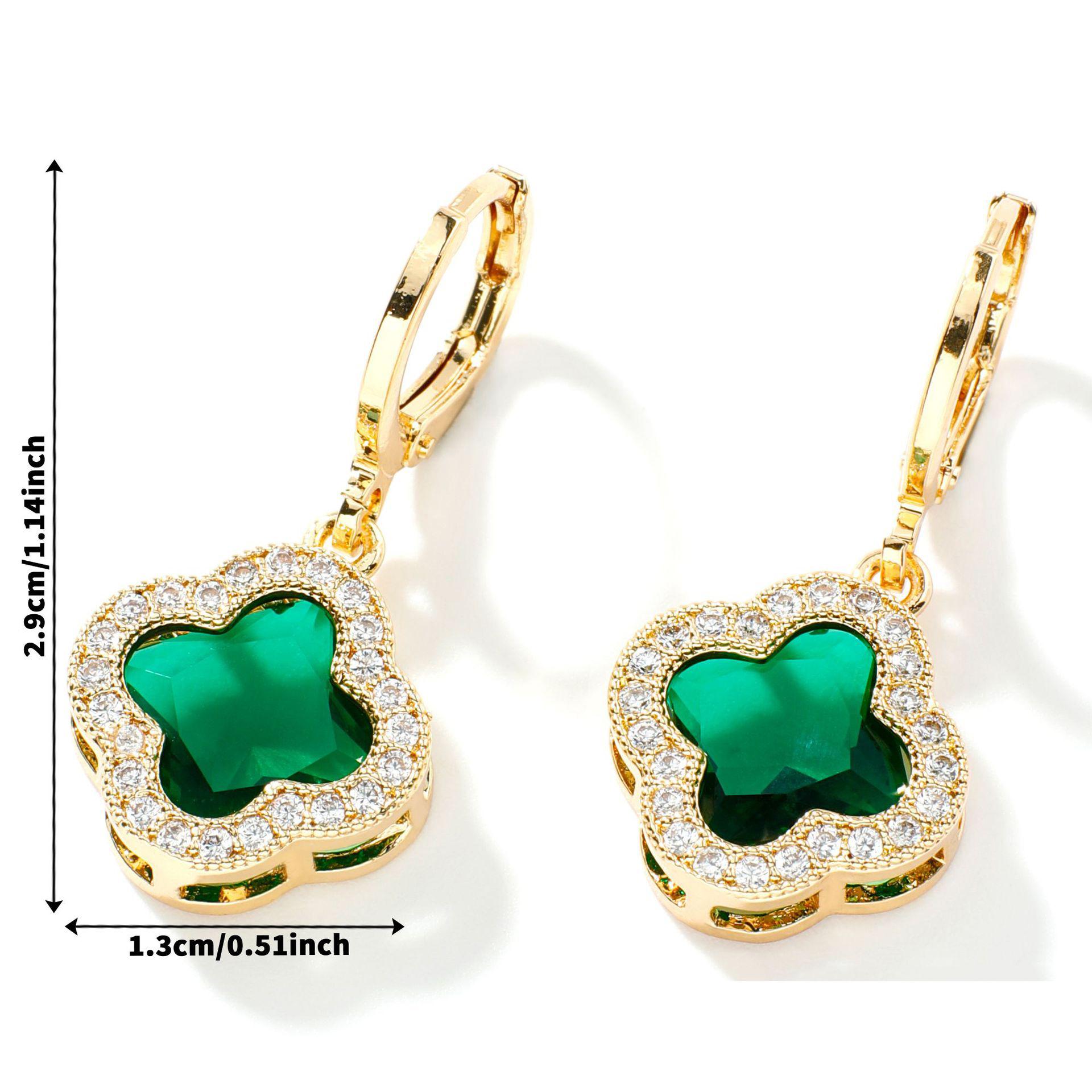 1pair Shiny Zirconia High Quality Four Leaf Flower Luxury Earrings Classic for Daily Party Jewelry Gift зелёный