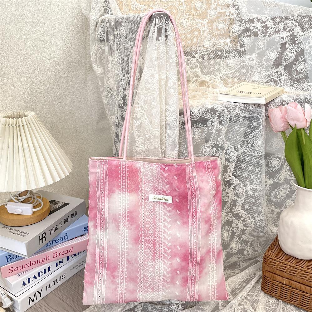 

Дизайн сумки из кружевной ткани тай-дай, стиль для отпуска, наплечная сумка, студенческая, для покупок, тканевая сумка, большая вместимость, тренд розовый