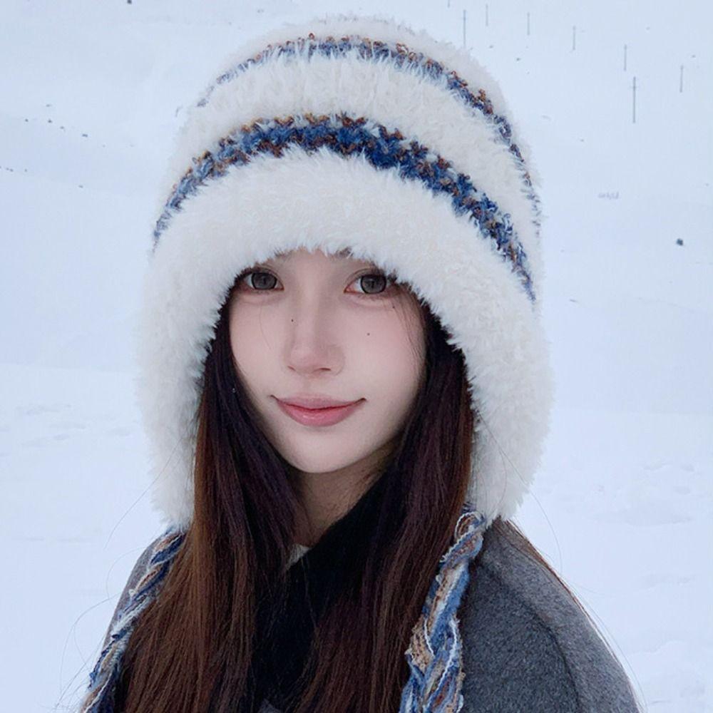 Korean Style Ear Protection Hat Soft Knitted Warm Hat Gifts Plush Pullover Hats  Outdoor