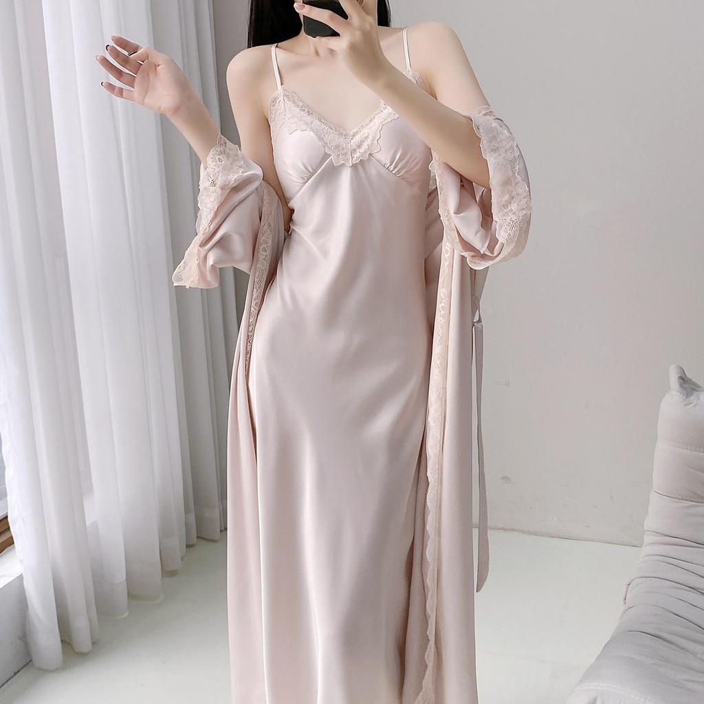 Ice Silk Long Sleeve Extra Long Robe with Chest Pad & Camisole Nightdress for Women