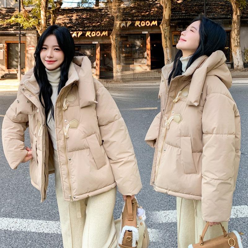 Corner buckle hooded down cotton cotton jacket women's short loose thickened small winter cotton-padded coat