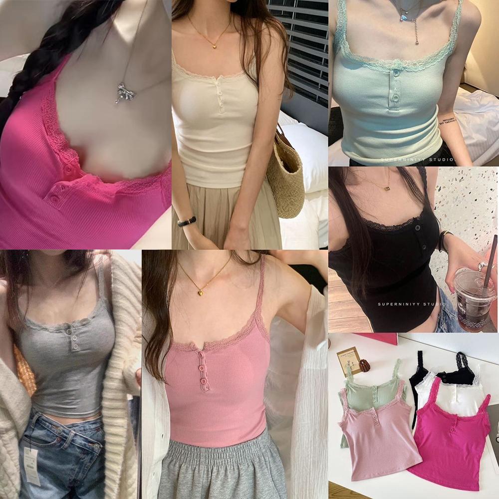 Bow Lace Spaghetti Strap Camisole Women Padded Backless Crop Tank Top