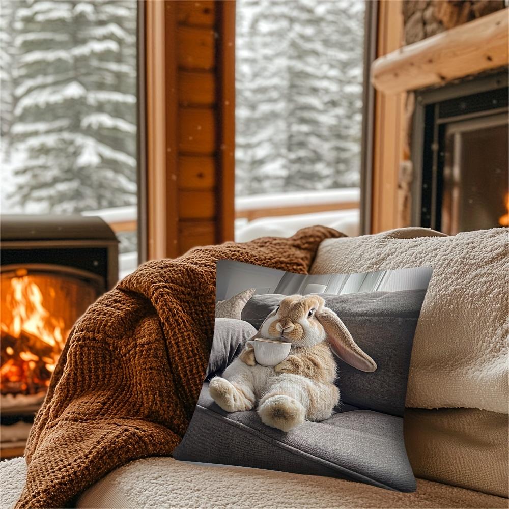 Adorable Bunny With Coffee Cup Print Pillowcase - Home Decor, Perfect For Living Room And Bedroom, Ideal Gift For Animal Lovers