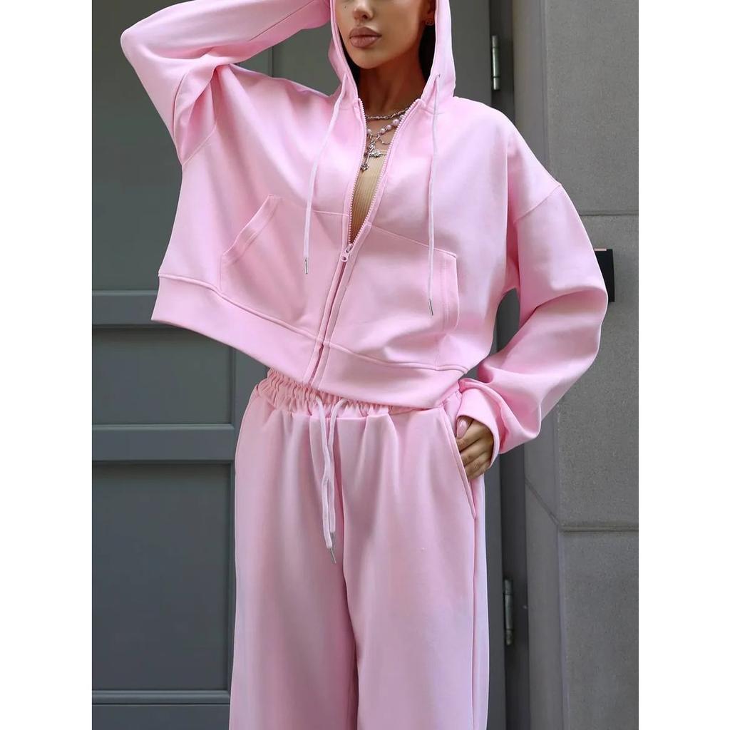 Sports Suit Long Sleeved Zipper Cardigan Hooded Sweatshirt with Zip Ties Long Pants Two-piece Cotton Set