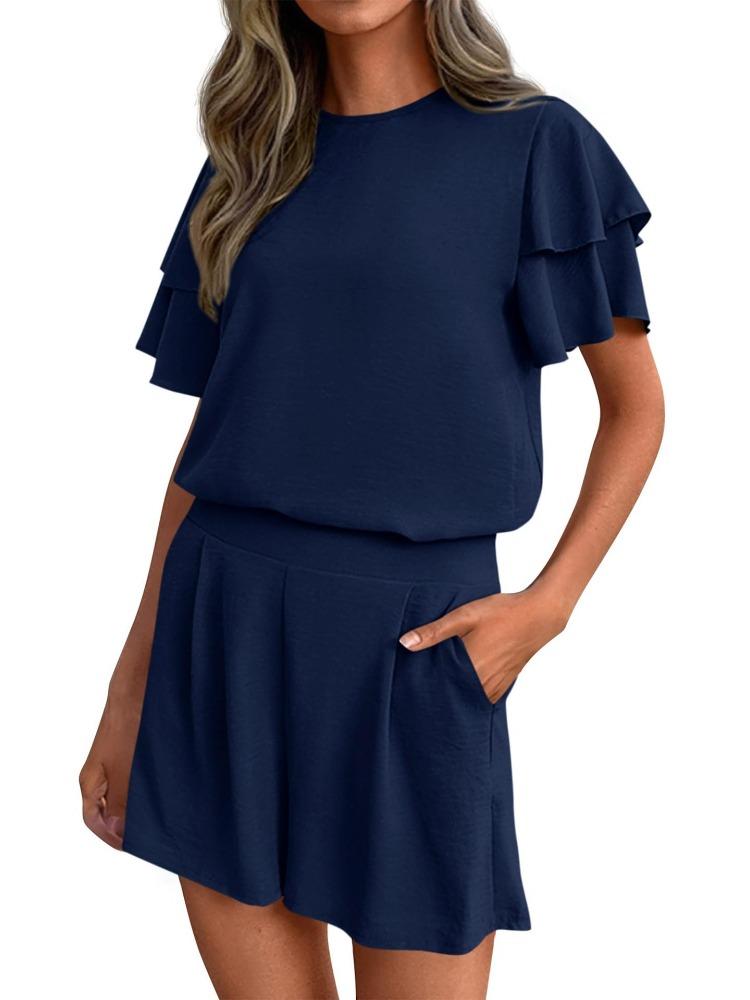 

Womens Short Sleeve Ruffle Top and Wide Leg Shorts Casual Set Multiple Colors XL Темно-синій