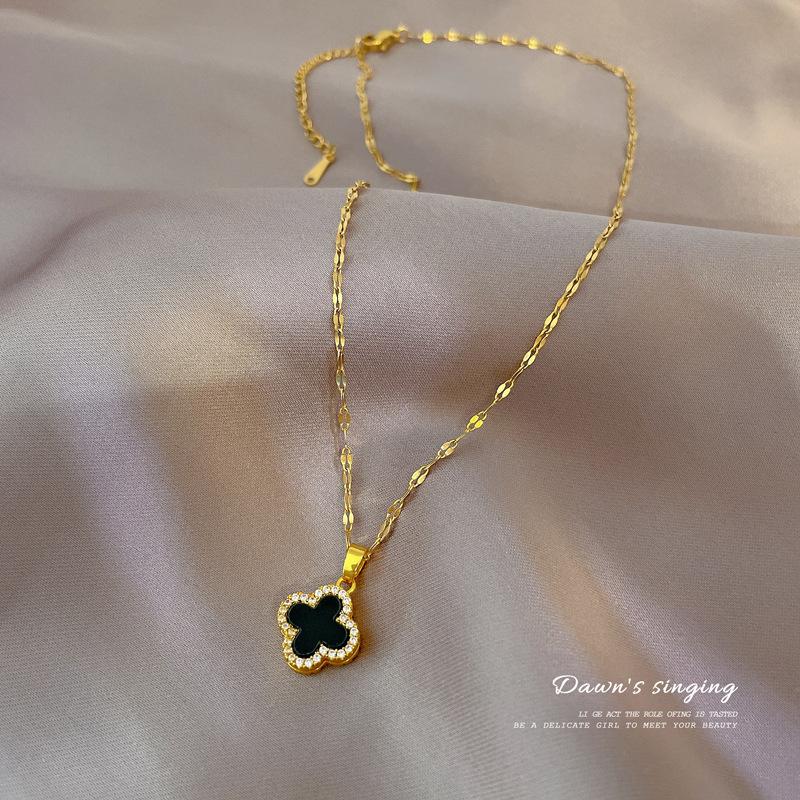New Diamond-Encrusted Light Luxury Four-Leaf Flower Necklace Femininity Girls High-End Double-Sided Shell Collarbone Chain