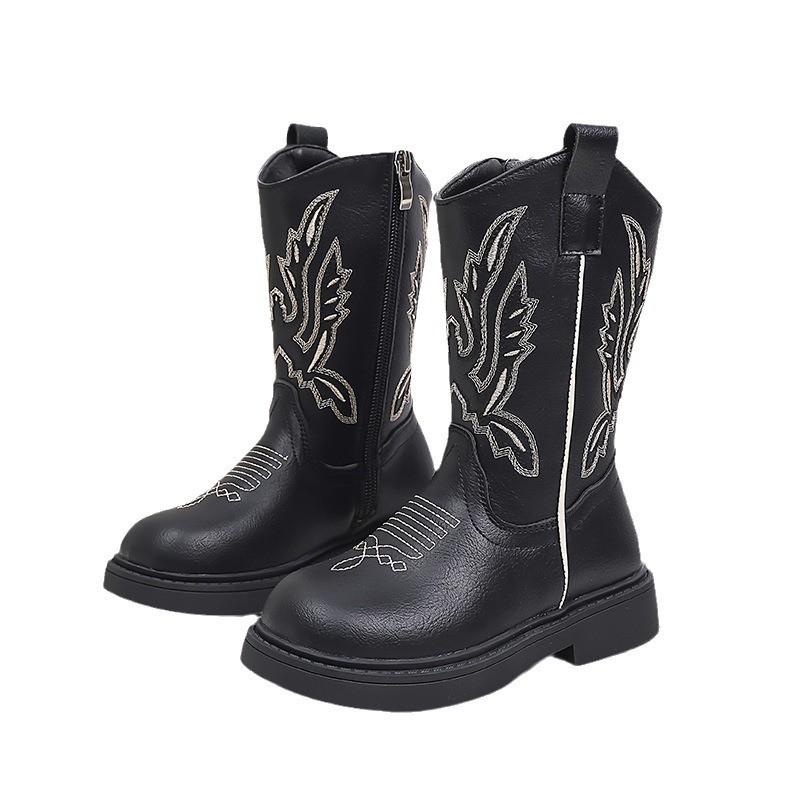 Girls Chelsea Boots Mid-Calf Soft Sole Embroidered Vintage Style Winter Kids Footwear