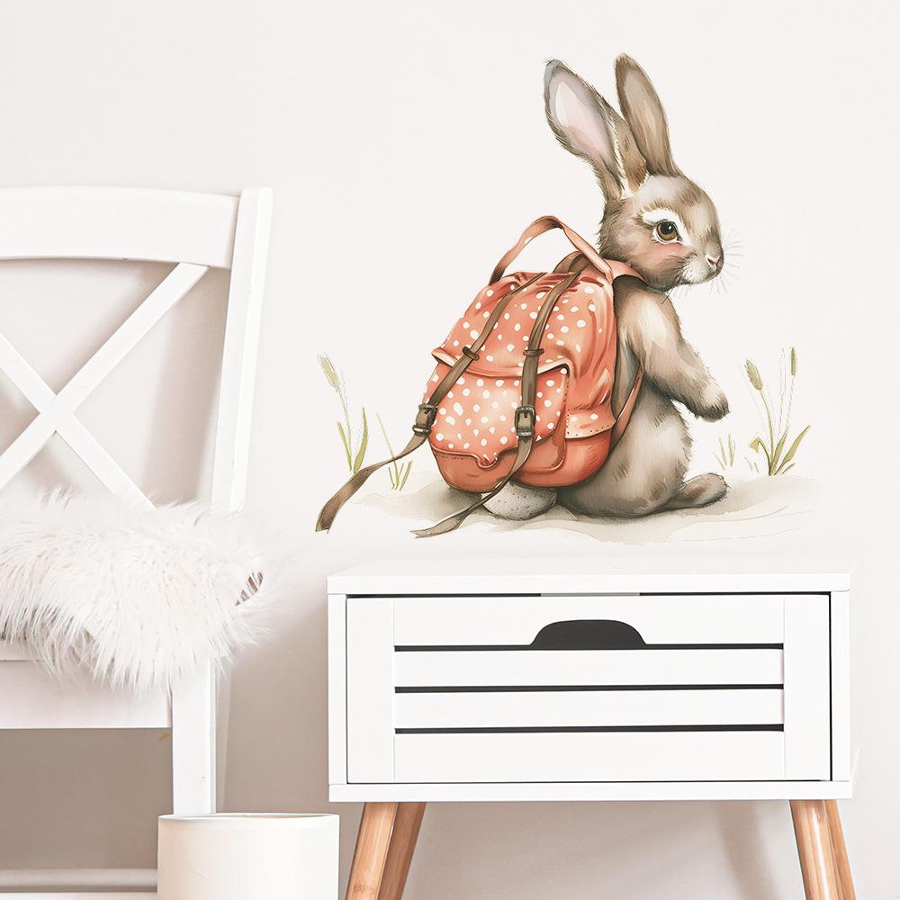 Cartoon Hand-Painted Backpack Rabbit Wall Sticker Self-Adhesive for Kids Bedroom Background Wall Decoration