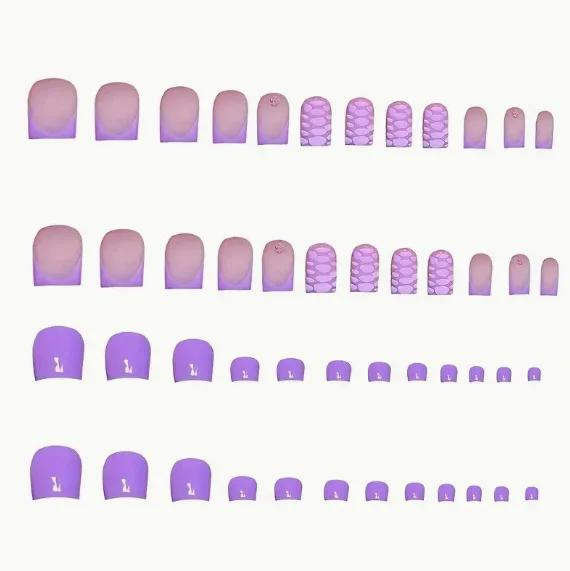 

48Pcs Purple French Press On Nails, Matching Hand & Toe Fake Nails with Croc Print United States