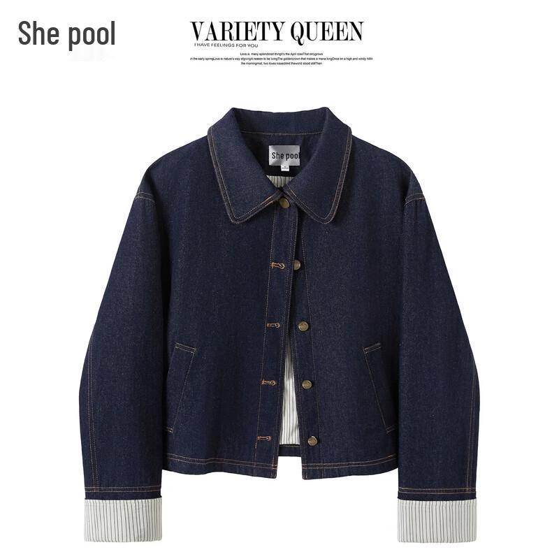 Women s Casual Striped Rolled-Edge Denim Jacket S