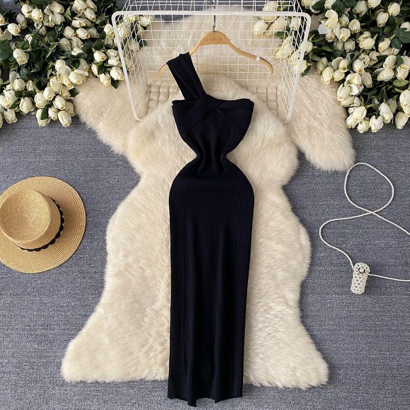 

Fashion Fancy Knitting Diagonal Collar Dress Women s Summer Asymmetrical Accessible Luxury Slit Design Pure Desire Sexy Long Dress Black One size