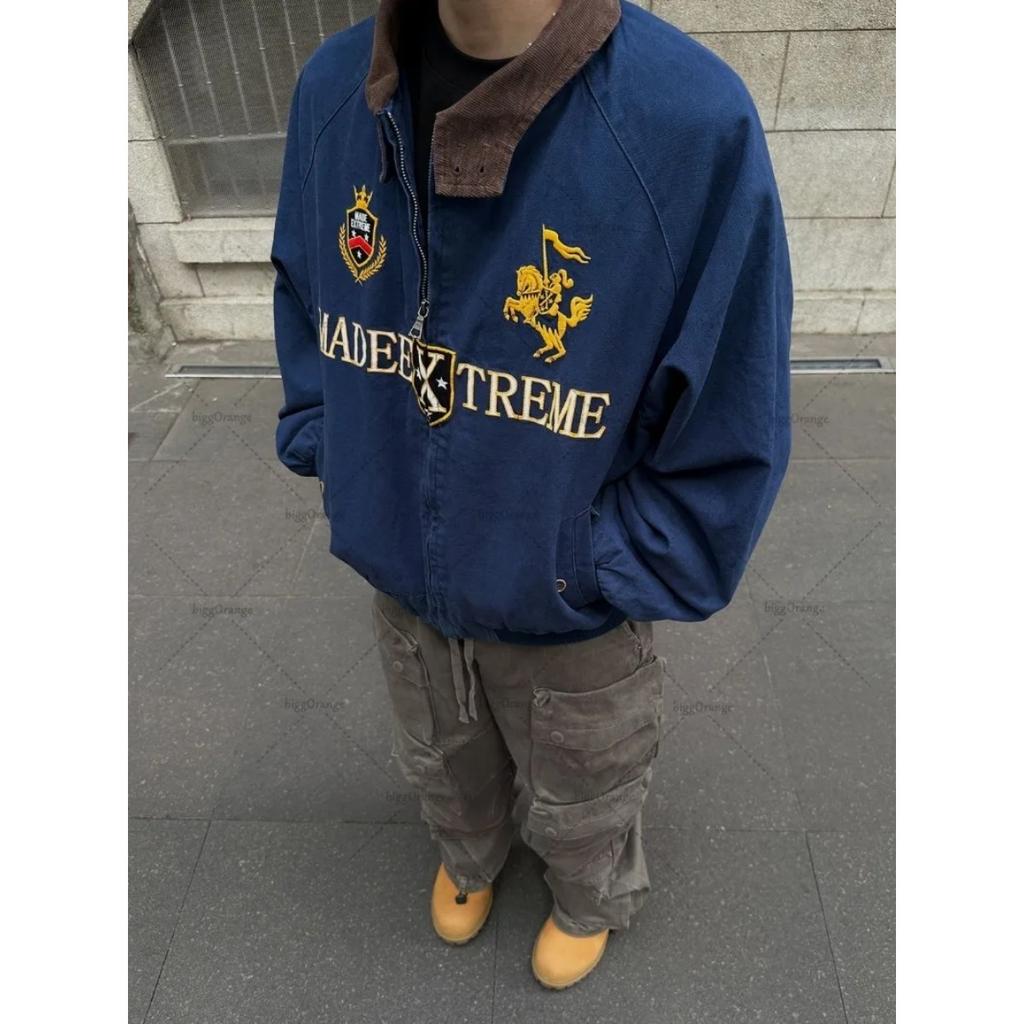 RogueWave American Retro Vintage Embroidered Trendy Zipper Jacket Men Hip Hop Lapel Bomber Jacket Y2K Streetwear Loose Casual Coats