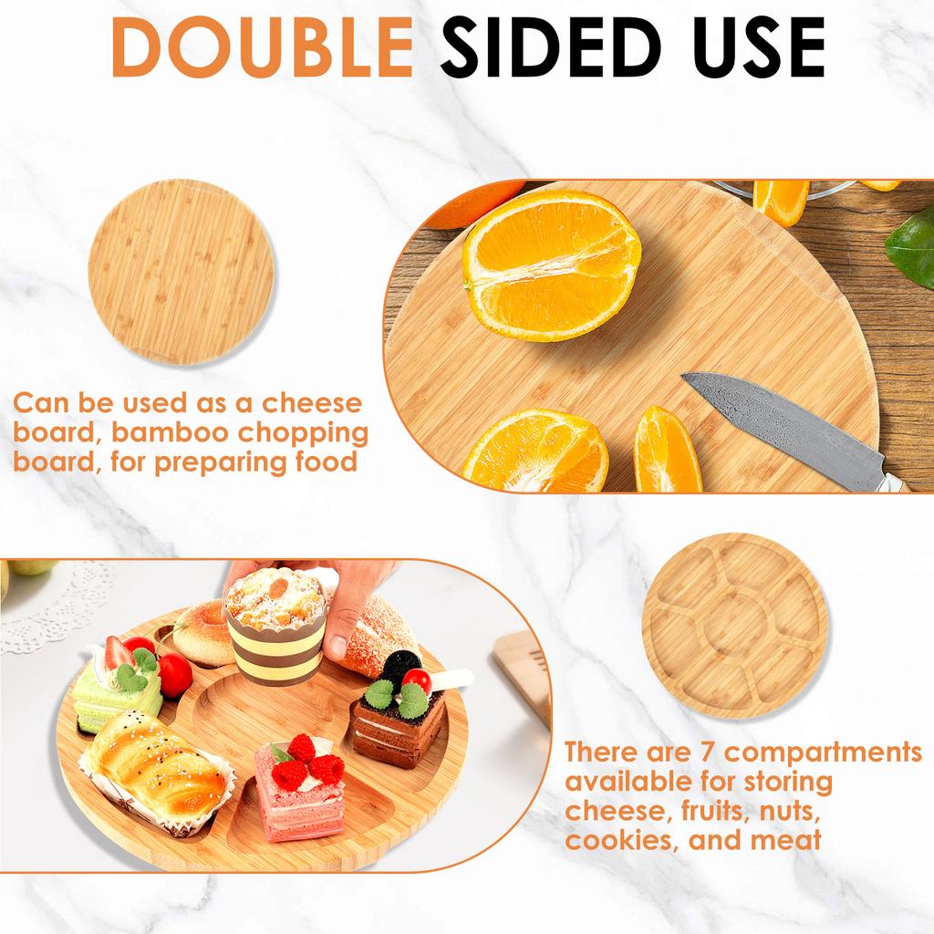 Charcuterie Board with Lid Handle Portable Cheese Boards with 7 Compartments Bamboo Meat Fruit Serving Tray for Kitchen Picnic