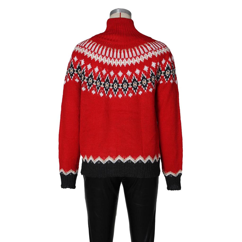 Women's Blue Retro Fair Isle High Neck Wool Sweater
