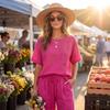 Women's Fashion Round Neck Short Sleeved Top With Elastic Waist, Casual Loose Wide Leg Pants Two-piece Set