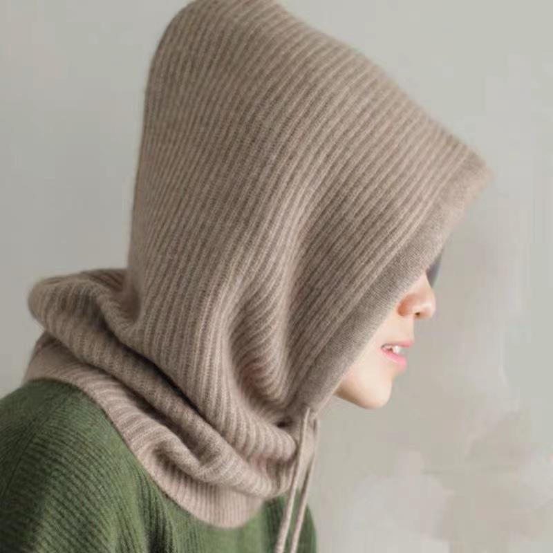 Knitted Hooded Hat for Women Winter Neck Cover Balaclava Hats Beanies Outdoor Warm Woolen Drawstring Caps One-piece Beanies