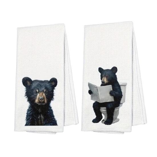 

2Pcs Dish Towel Cartoon Dog Bear Pattern Super Water Absorbent Reusable Kitchen Towels Machine Washable Household Cleaning D