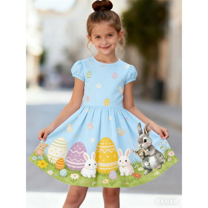 Girls' 3D Rabbit Print Summer Short Sleeve Dress | Crew Neck, A-Line Skirt, Perfect for Beach Outings and Casual Wear