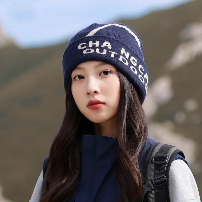 Letter Knitted Wool Hat Winter Outdoor Cycling Mountaineering Warm Pullover Cap for Women