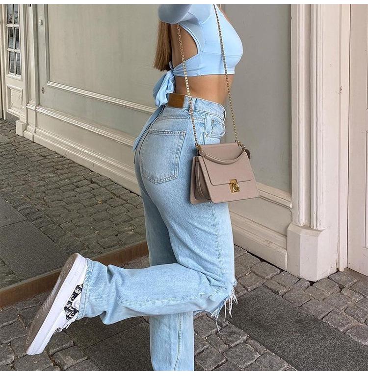 High-Waist Straight-Leg Blue Denim Jeans for Women