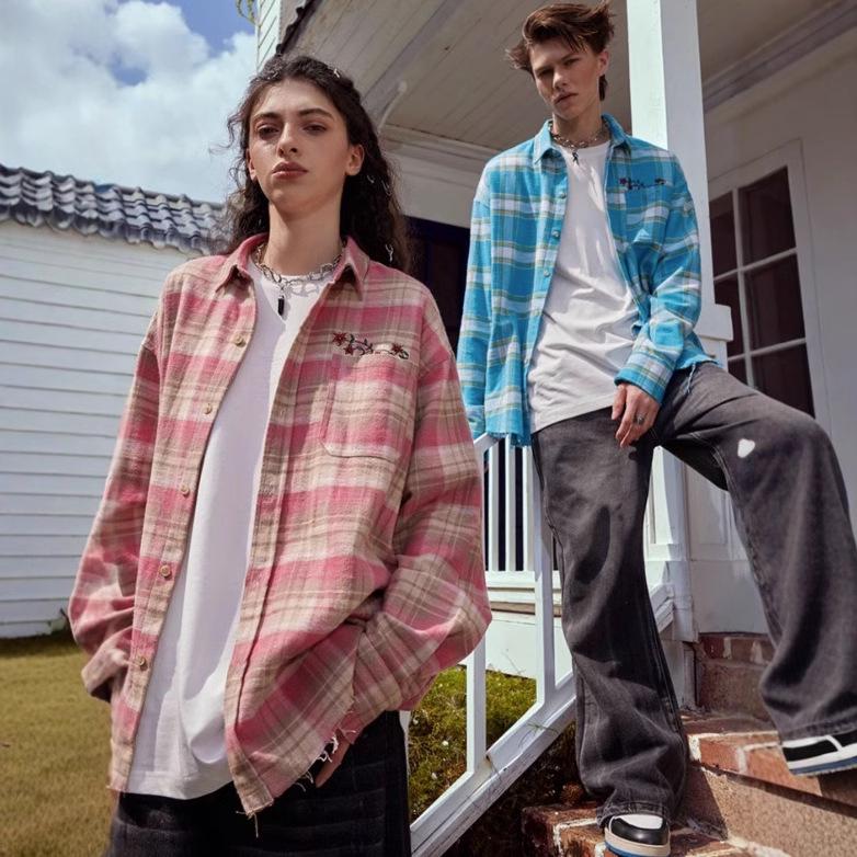 

Japanese Preppy Pink Plaid Embroidered Men s Shirt - Casual Long-Sleeve Jacket for Spring & Autumn Extra Large