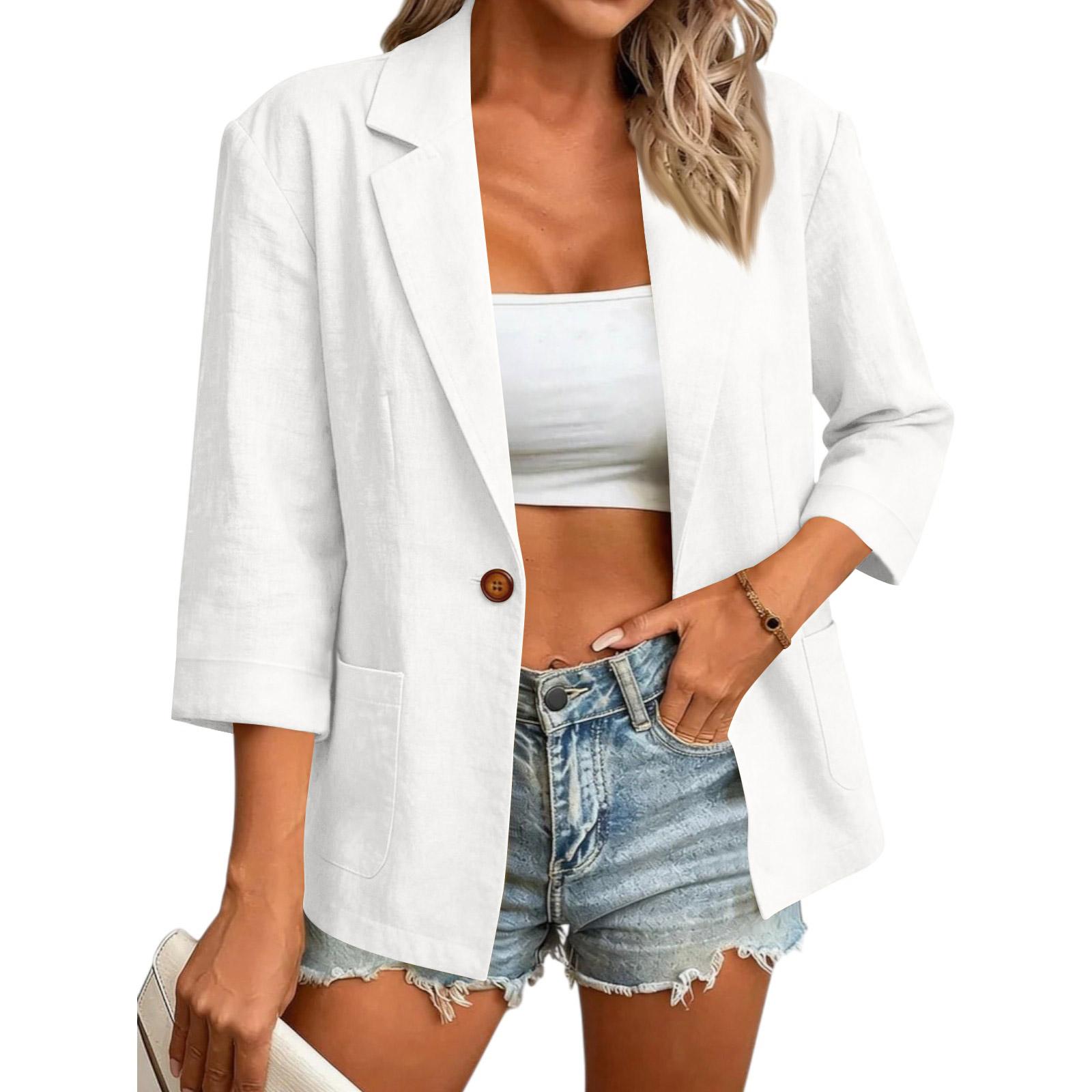 

Women s Three-Quarter Sleeve Color , Lightweight Fully Lined Lapel Button-Down Casual Work Jacket With Pockets XL білий
