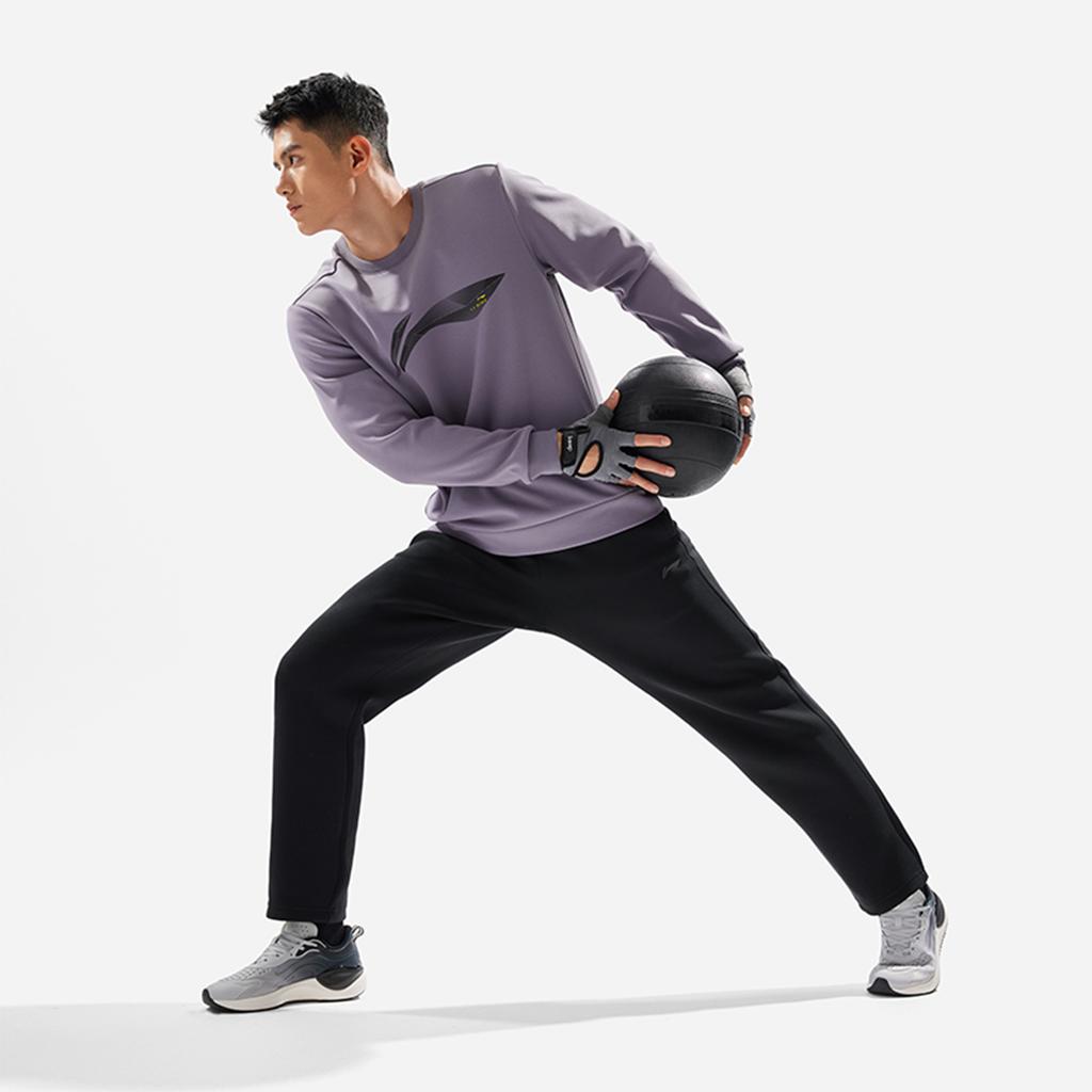 Li Ning Fitness Series Solid Color Mid Waist Comfortable Breathable Straight Leg Knitted Sports Pants Men Bottoms Black AKLU555-1