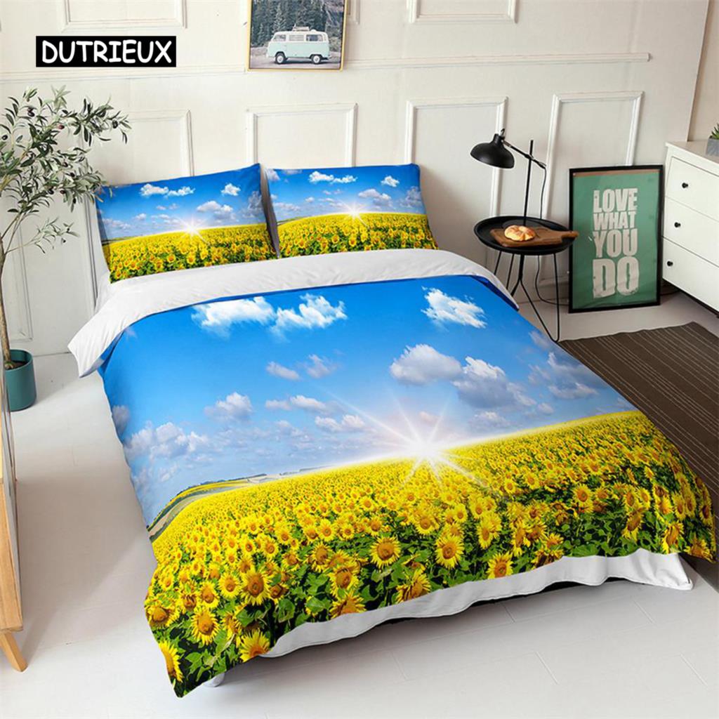 Sunflower Duvet Cover Set Yellow Flower Twin Bedding Set Polyester Black Gold Yellow Sunflowers Print Quilt Cover for Kids Teens