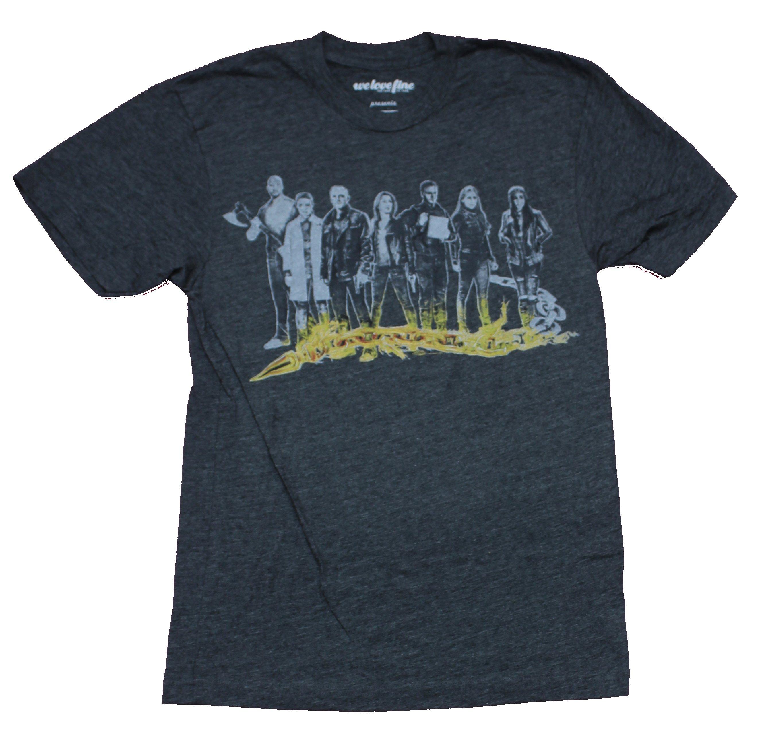 Agents of Shield Adult New T-Shirt - B & W Group Over Yellow Flame XXL