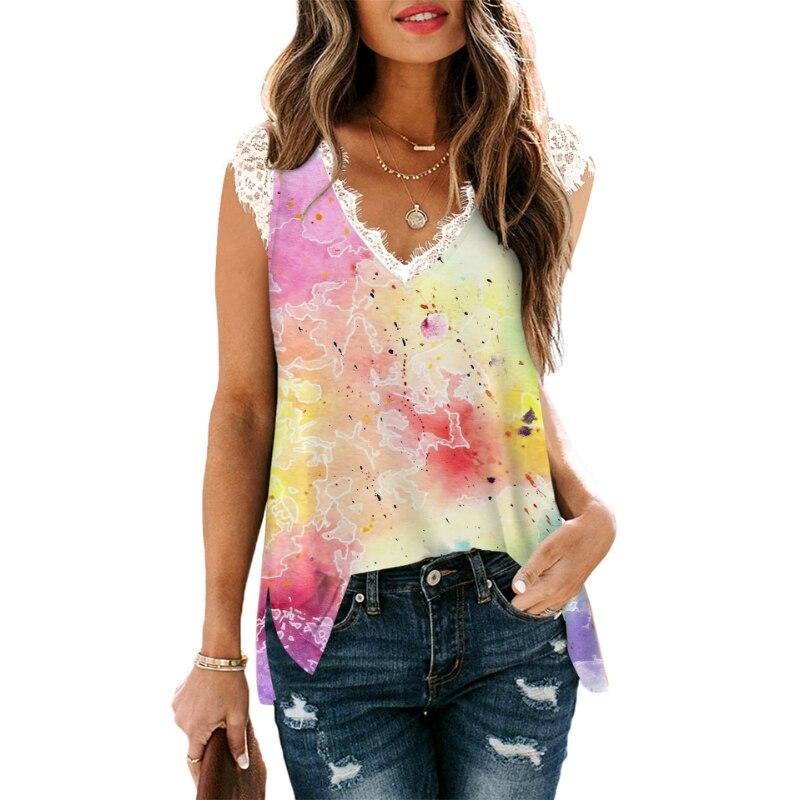 Canotta Larga Estiva 2023 Donna Stampa Scollo a V Senza Maniche Pizzo Camicia Donna Elegante Bluse Per Donna Abbigliamento Femminile 25708