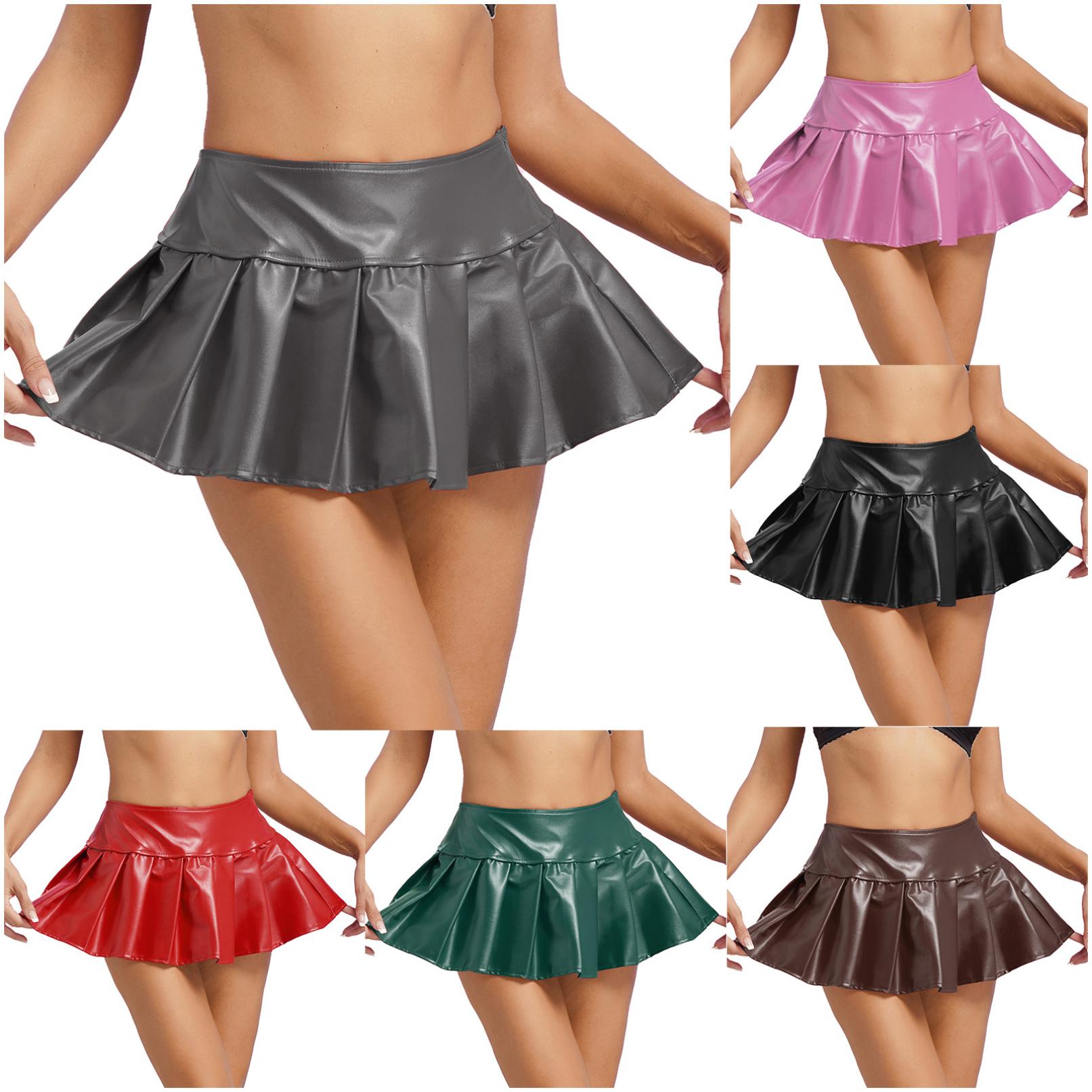 Mini jupe plissée en cuir PU pour femmes, couleur unie, jupe trapèze fantaisie, jupe de patinage de Tennis, Clubwear