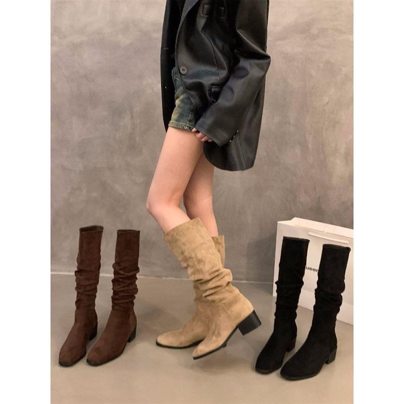 High-heeled boots Square head medium tube knight boots women's shoes 2025 new spring, autumn and winter stacking boots Long tube long boots