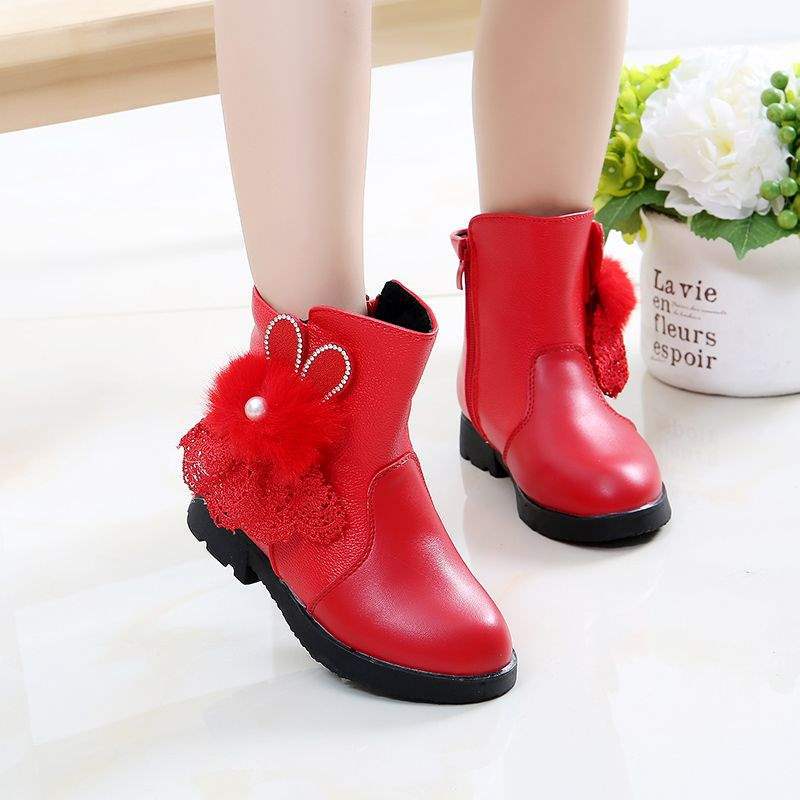 Mädchenschuhe Stiefel Kinder Kurzstiefel Herbst und Winter 2025 neue Baumwollstiefel Prinzessin zwei Baumwollschuhe Samt warm Spitze Kaninchen