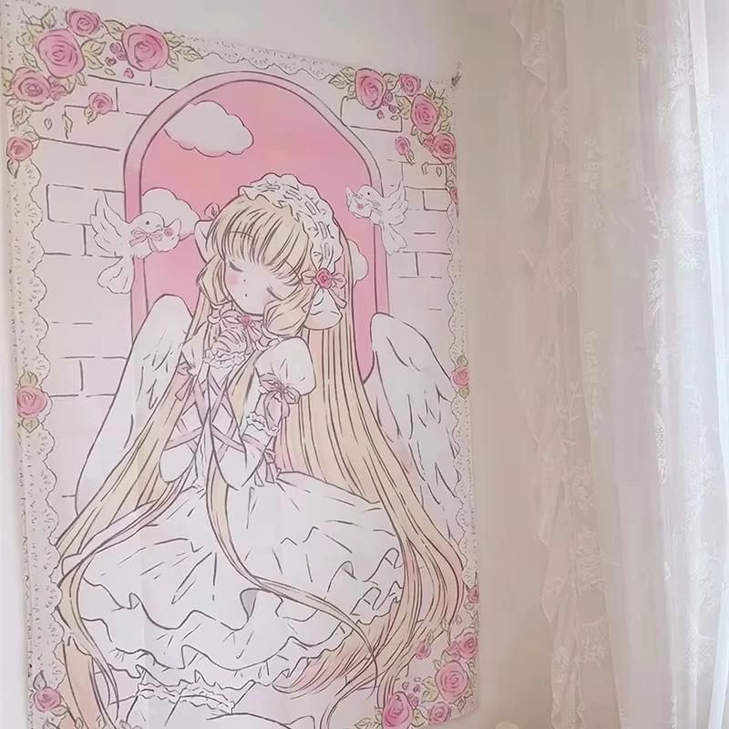 VIKAMA 2026 AnimeStyle Wall Hanging PinkGold Lace Angel Girl Dove Arch Wall Decor Cute Bedroom Dorm Home Decor