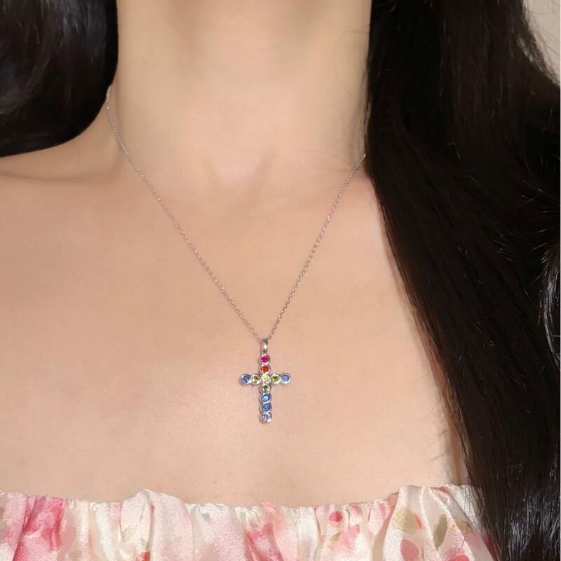 Sterling Colorful Zircon Cross Pendant Necklace Women Trendy Locket Chain Sweet Edgy Style
