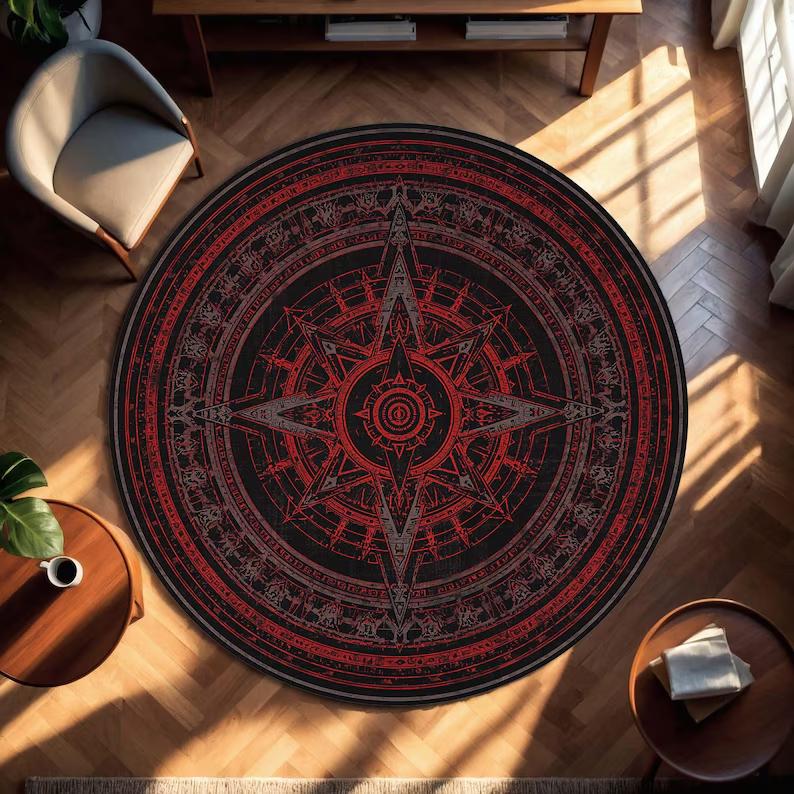 Round Witchcraft Altar Rug Pentagram Magic Book Design Occult Gothic Decor Washable Carpet for Living Room Bedroom Floor Mat