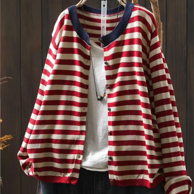 Johnature Women Vintage Striped Sweaters O-Neck Long Sleeve Knitted Soft Autumn Button Casual Female Sweaters