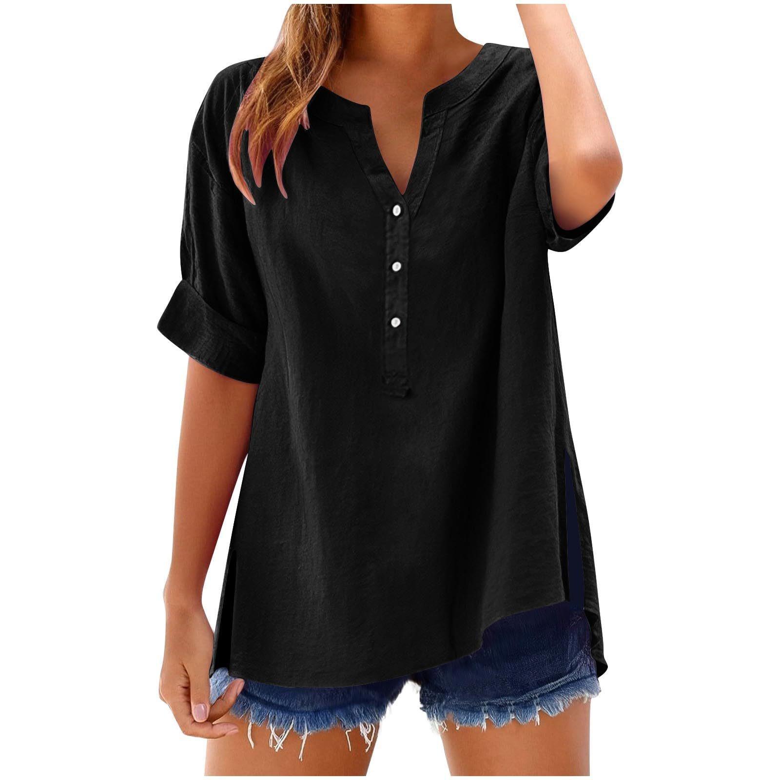 

Women s Summer Casual V-neck Button Shirt Color Short Sleeve Hem Split Cotton Blouse XXL чёрный