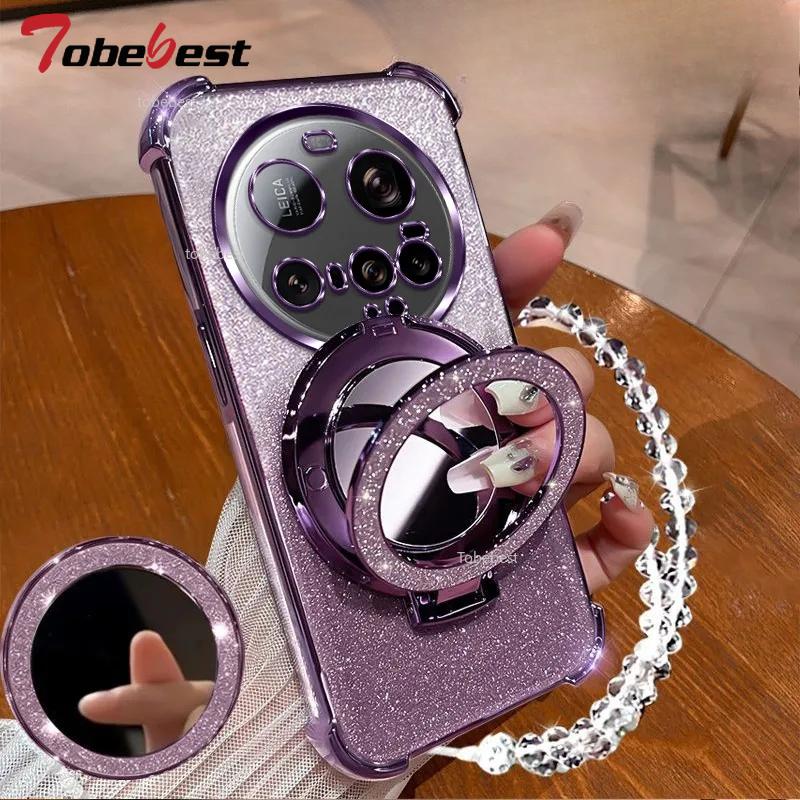 Stoßfeste GLITZER Beschichtung Hülle Für Xiaomi 15 Ultra 14 14T 13 12 Pro 11 Lite Kristall Armband Spiegel Magsafe Handyhalter Abdeckung