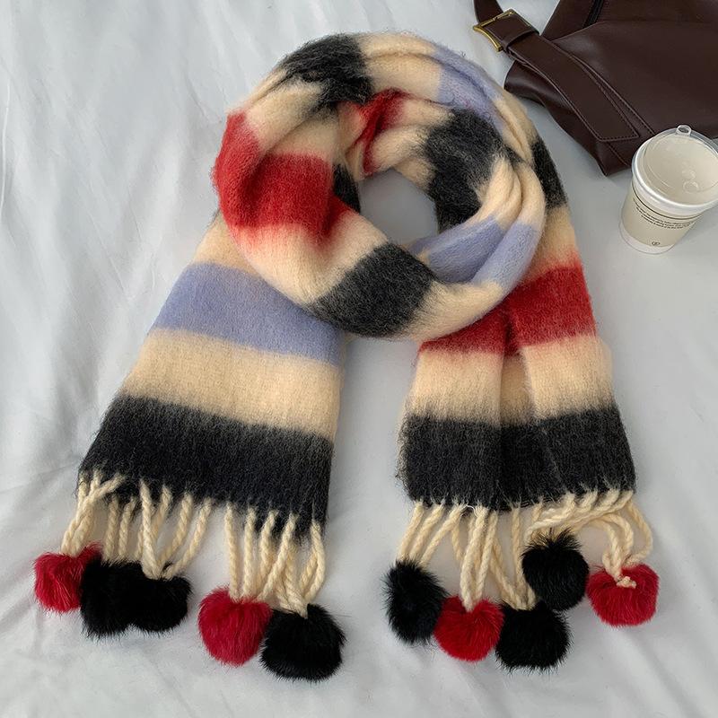 Wind Dopamine Color Stripe Hanging Ball Scarf Warm Student Premium Versatile Scarf
